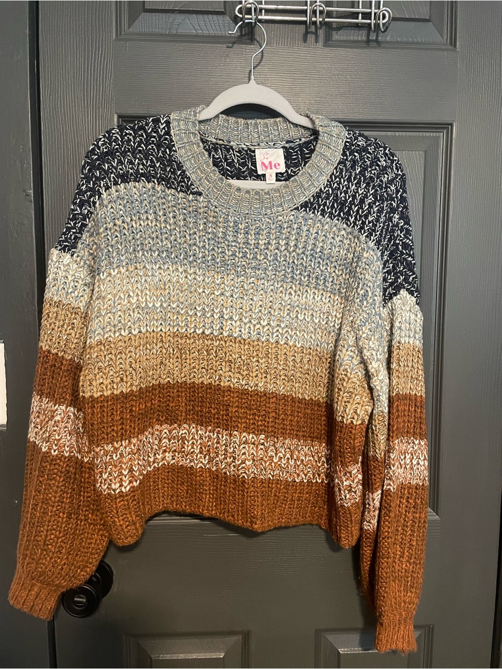 So Me Striped Cropped Crewneck Sweater in Navy, Gray, Cream & Brown